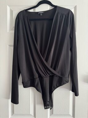 Express Black Wrap-Front Long Sleeve Bodysuit